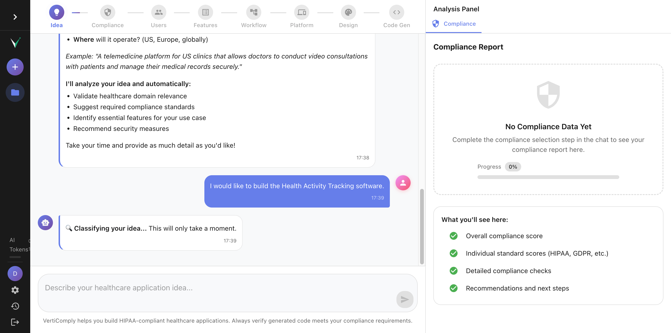 Chat input with a typed healthcare app idea and the AI analyzing message