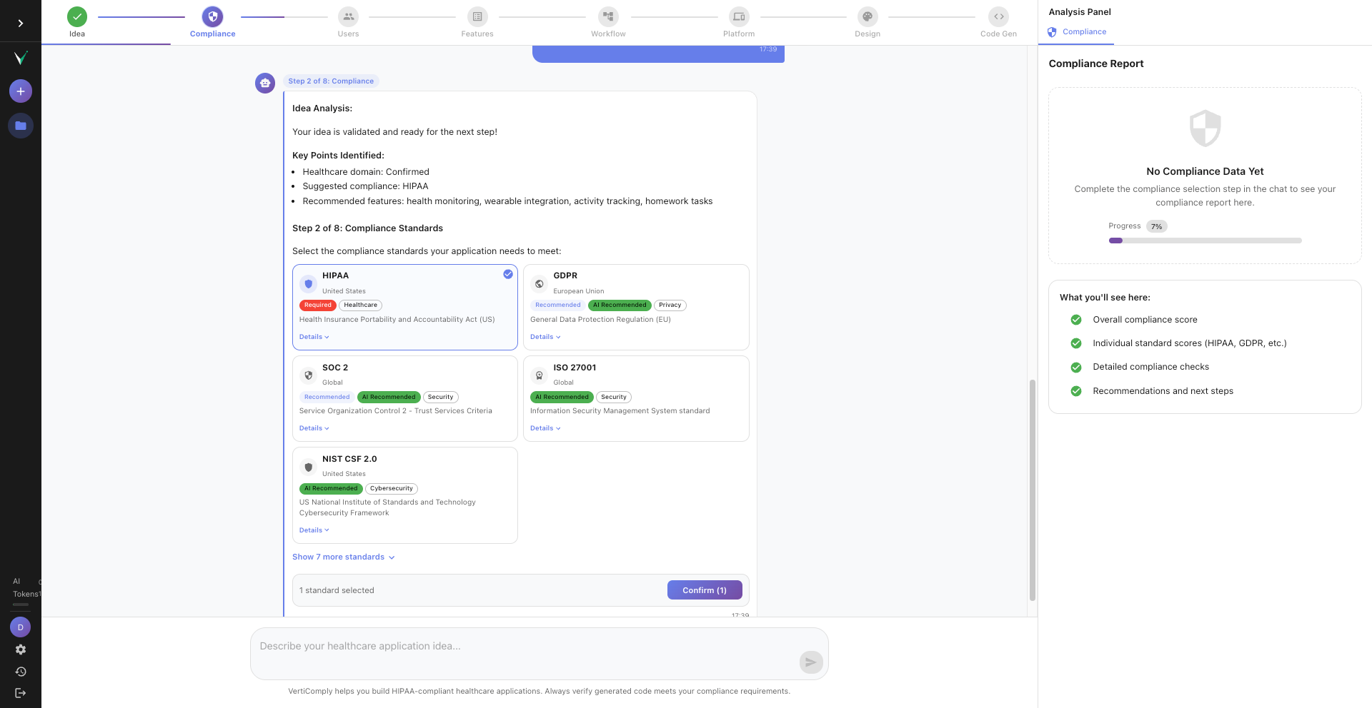 Compliance cards showing HIPAA, GDPR, SOC 2 pre-selected with AI Recommended badges, and a collapsed section showing more standards