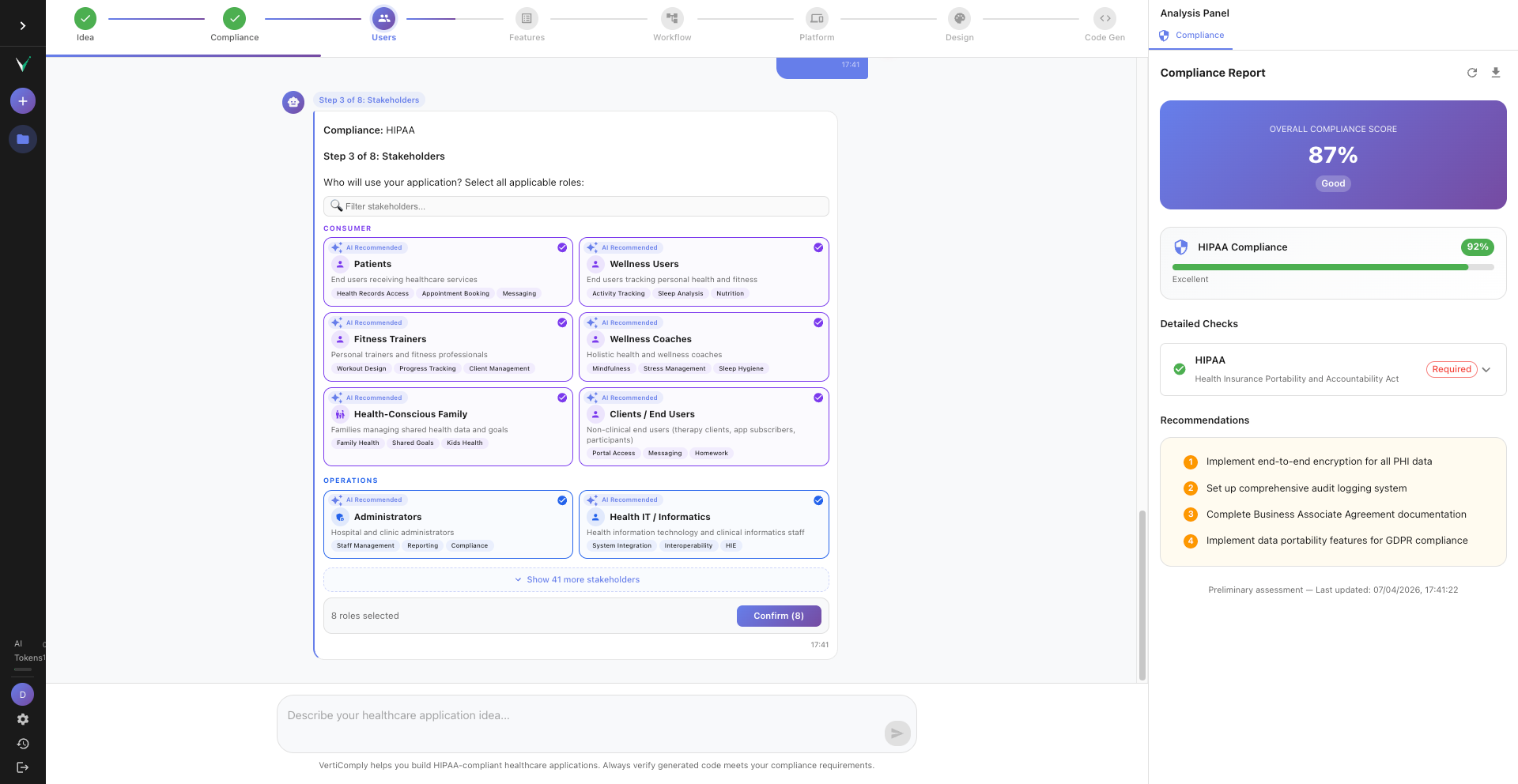 Stakeholder cards showing doctors, patients, nurses, administrators with AI Recommended chips and selection checkmarks