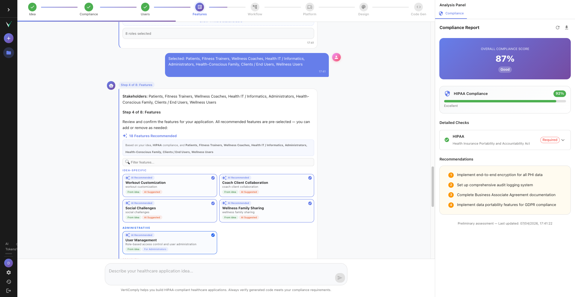 Feature display cards showing Patient Management, Appointment Scheduling, Prescription Management, Secure Messaging with descriptions