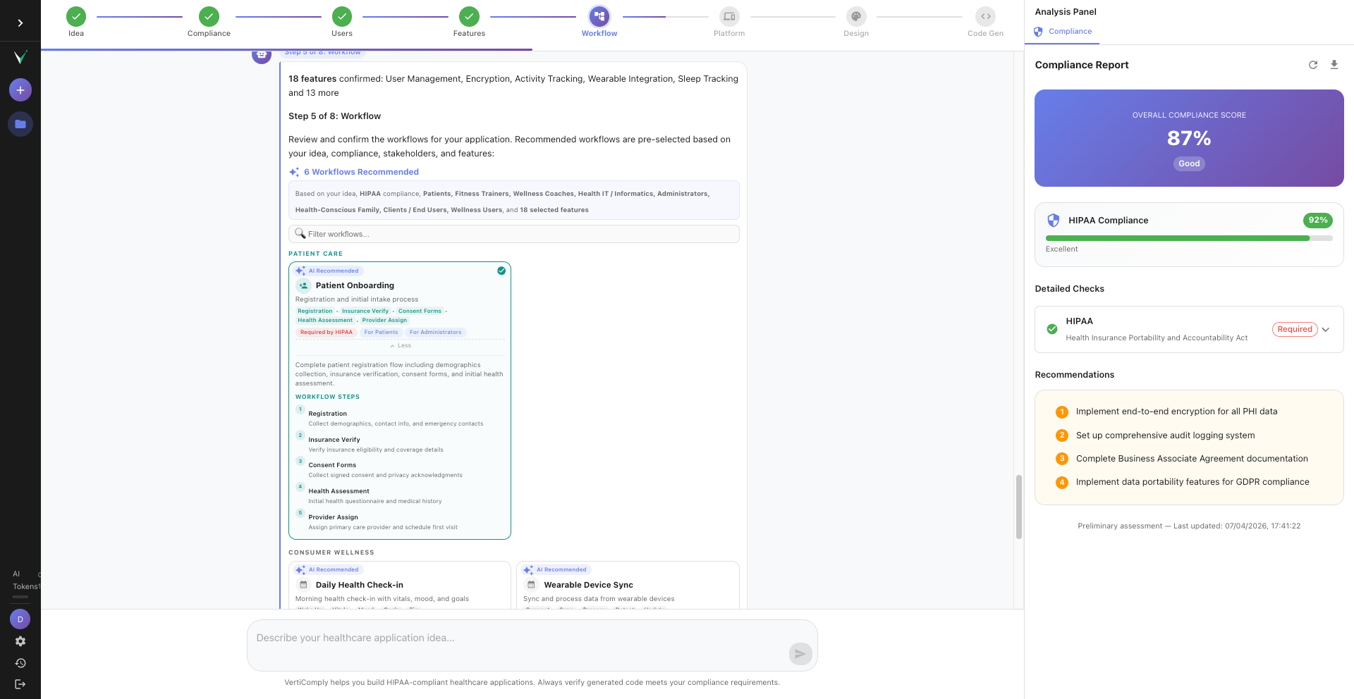 Workflow cards showing Patient Onboarding, Appointment Flow, Diagnosis Treatment with step sequences and category labels