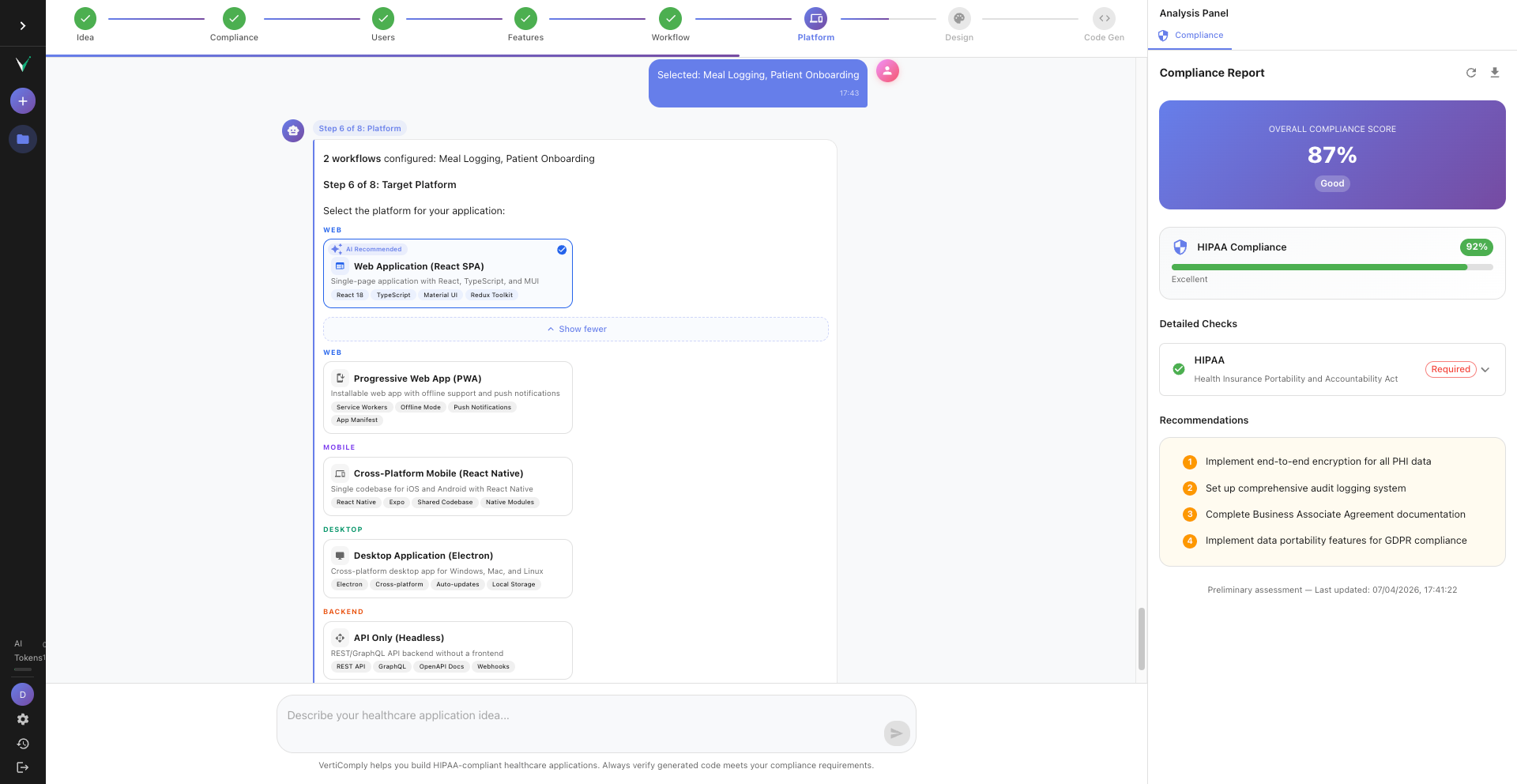 Platform selection cards showing Web SPA recommended, PWA, Cross-Platform Mobile, Desktop, and API Only options