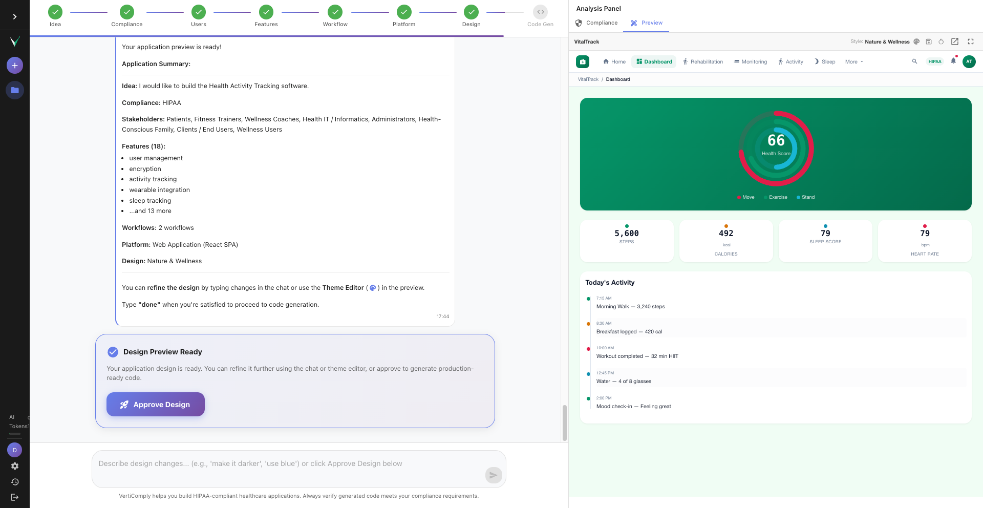 The application design preview showing a healthcare dashboard with navigation sidebar, KPI cards, patient data table, and theme customization controls