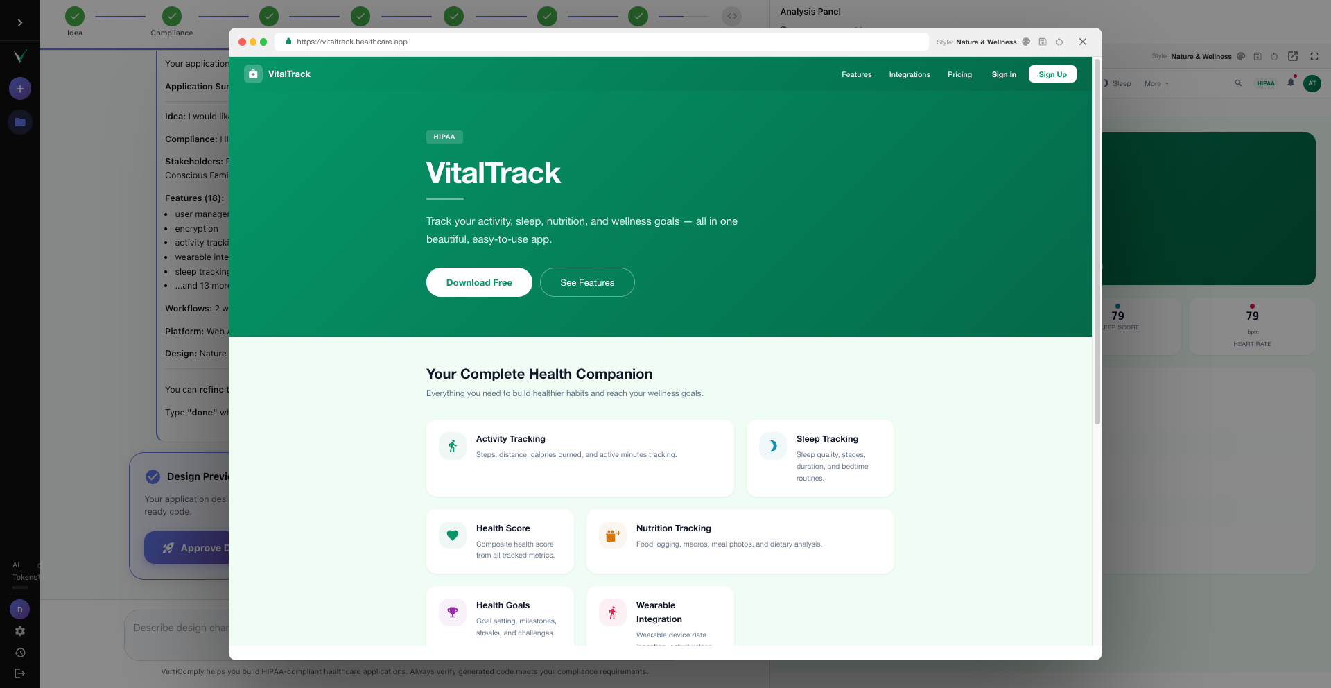 The right panel showing the Preview tab selected with a healthcare application dashboard visible