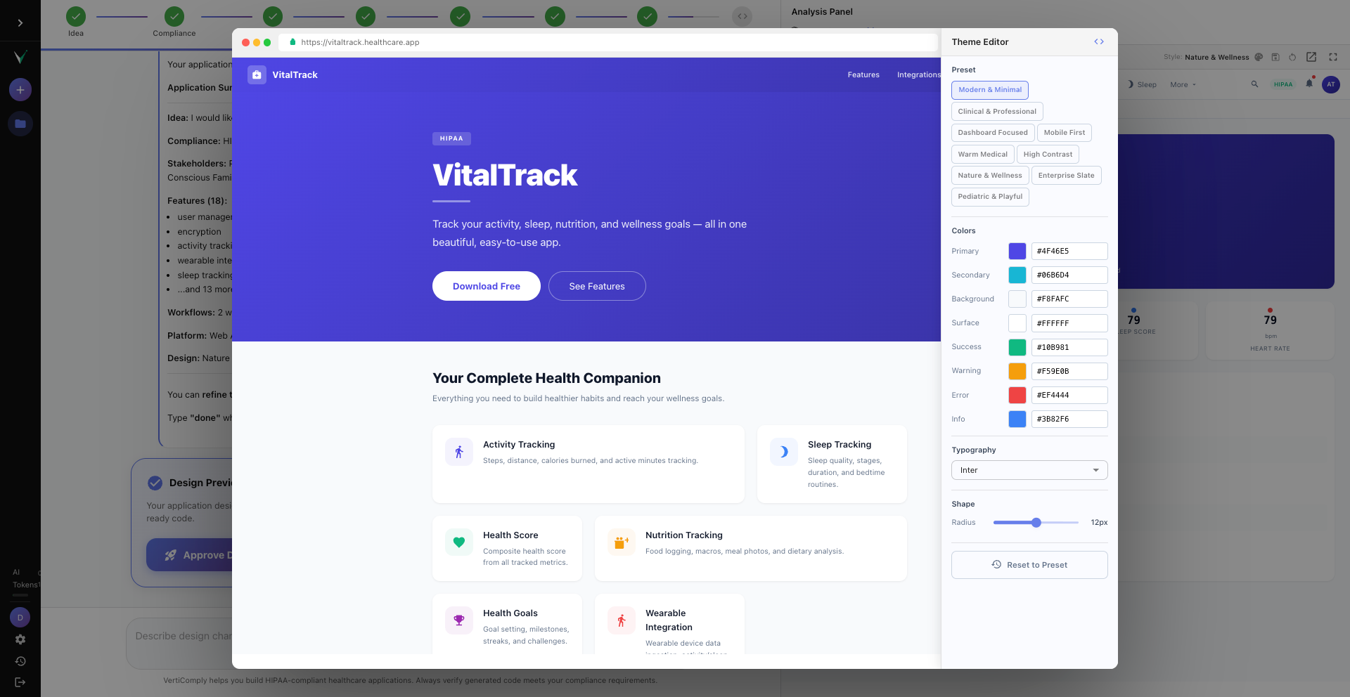 Theme selector dropdown showing Modern Minimal, Clinical Professional, Warm Organic options with the preview updating in real-time