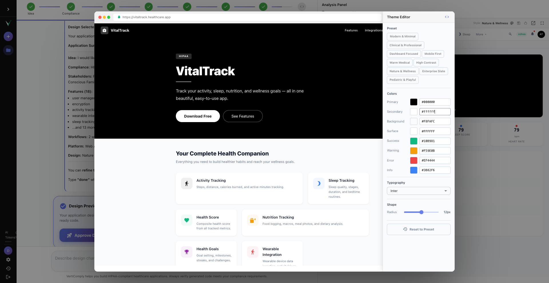 Theme editor panel showing color pickers for primary, secondary, background colors, font family dropdown, and border radius slider