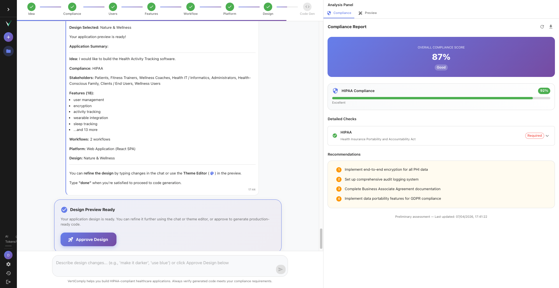 Compliance panel showing overall score of 87%, individual HIPAA and GDPR scores, and a list of compliance checks