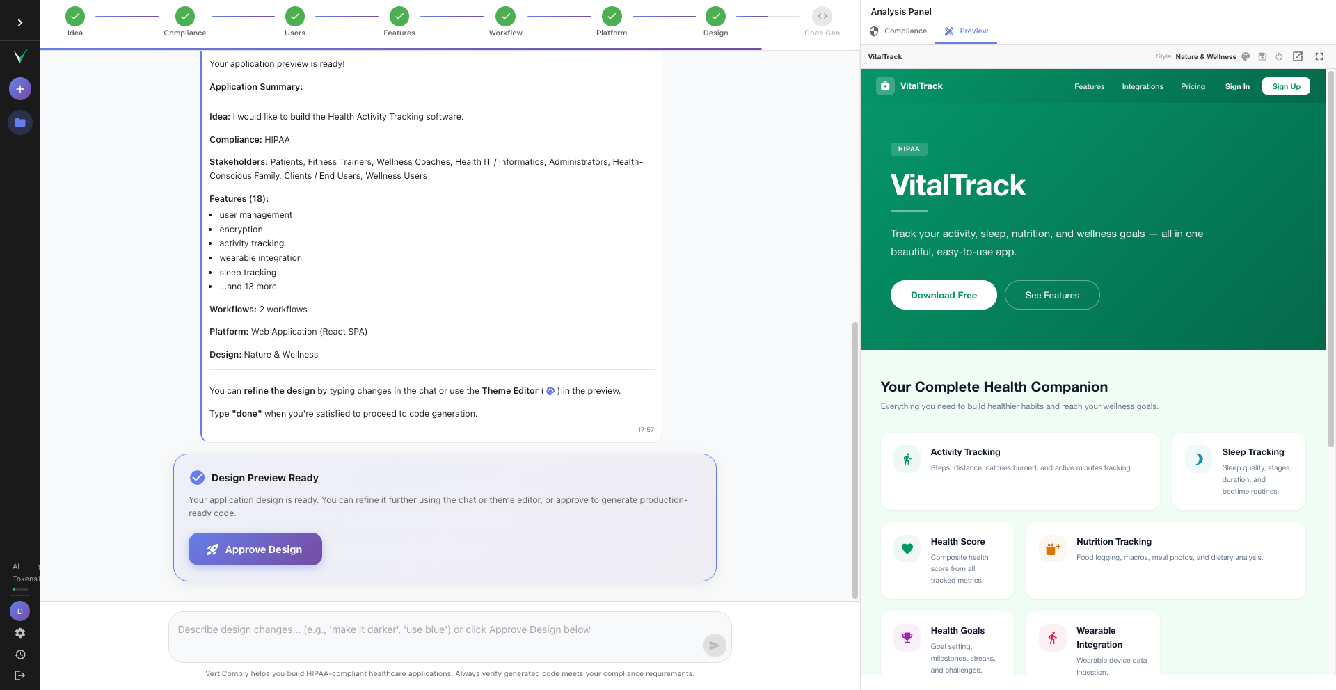 The Approve Design button highlighted, with a streaming progress panel showing Backend generating, Frontend in progress, Infrastructure pending